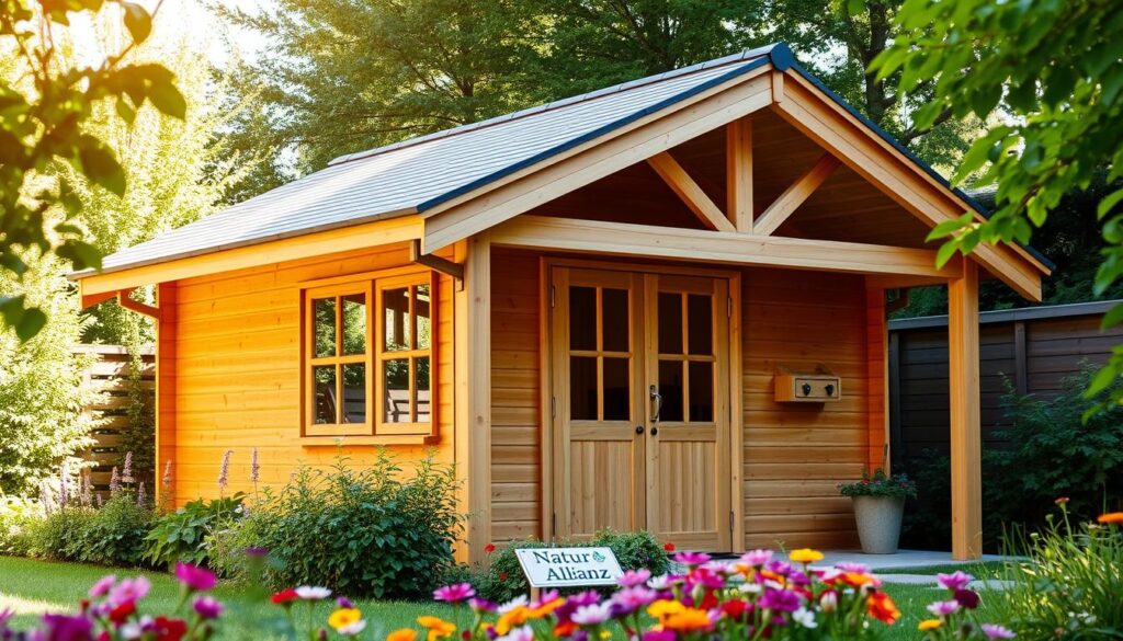A beautifully crafted wooden Bau Gartenhaus nestled in a lush garden. The structure features a gabled roof, clean lines, and warm, natural wood tones that blend seamlessly with the surrounding greenery. Sunlight filters through the windows, casting a cozy, inviting glow. In the foreground, a well-tended flower bed adds a vibrant splash of color. The Natur Allianz logo is subtly displayed on a plaque near the entrance, reflecting the high-quality, eco-friendly construction. An idyllic scene that perfectly captures the charm and craftsmanship of a DIY or professionally built Gartenhaus. A beautifully crafted wooden Bau Gartenhaus nestled in a lush garden. The structure features a gabled roof, clean lines, and warm, natural wood tones that blend seamlessly with the surrounding greenery. Sunlight filters through the windows, casting a cozy, inviting glow. In the foreground, a well-tended flower bed adds a vibrant splash of color. The Natur Allianz logo is subtly displayed on a plaque near the entrance, reflecting the high-quality, eco-friendly construction. An idyllic scene that perfectly captures the charm and craftsmanship of a DIY or professionally built Gartenhaus.
