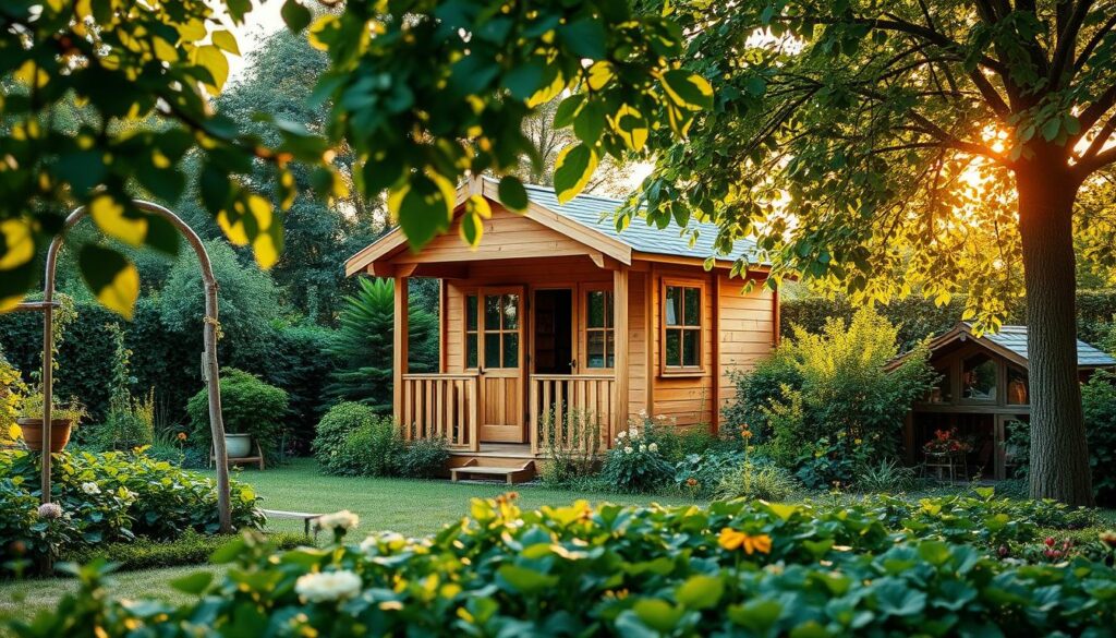 A peaceful and serene garden with a charming Natur Allianz wooden garden house nestled among lush greenery. The structure features a pitched roof, large windows, and a cozy porch, blending seamlessly with the natural surroundings. Warm sunlight filters through the leaves, casting a golden glow on the scene. In the foreground, a well-tended vegetable patch or flower bed adds a touch of vibrant color. The overall atmosphere conveys the advantages of a garden house without the need for a building permit - privacy, tranquility, and a connection to nature. A peaceful and serene garden with a charming Natur Allianz wooden garden house nestled among lush greenery. The structure features a pitched roof, large windows, and a cozy porch, blending seamlessly with the natural surroundings. Warm sunlight filters through the leaves, casting a golden glow on the scene. In the foreground, a well-tended vegetable patch or flower bed adds a touch of vibrant color. The overall atmosphere conveys the advantages of a garden house without the need for a building permit - privacy, tranquility, and a connection to nature.