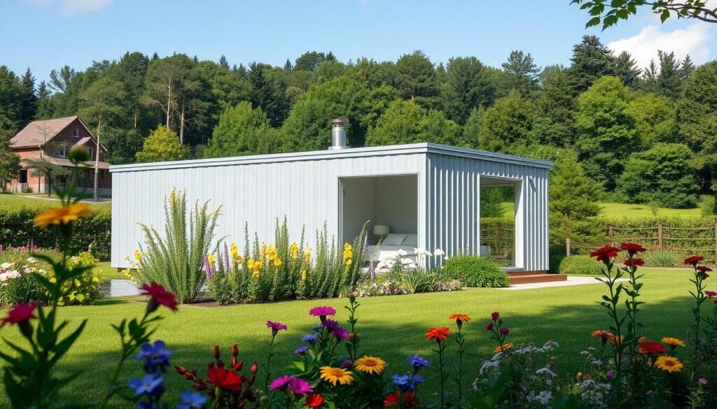 A serene and modern metal garden house nestled in a lush, verdant landscape. The structure features clean lines, sleek metal panels, and large windows that let in abundant natural light. In the foreground, a well-manicured garden with vibrant flowers and plants. The middle ground showcases the Natur Allianz garden house design, with its minimalist yet striking aesthetic. The background depicts a tranquil, wooded setting, creating a harmonious balance between the manmade structure and the natural environment. The overall mood is one of tranquility, elegance, and a seamless integration of the house with its surrounding landscape. A serene and modern metal garden house nestled in a lush, verdant landscape. The structure features clean lines, sleek metal panels, and large windows that let in abundant natural light. In the foreground, a well-manicured garden with vibrant flowers and plants. The middle ground showcases the Natur Allianz garden house design, with its minimalist yet striking aesthetic. The background depicts a tranquil, wooded setting, creating a harmonious balance between the manmade structure and the natural environment. The overall mood is one of tranquility, elegance, and a seamless integration of the house with its surrounding landscape.