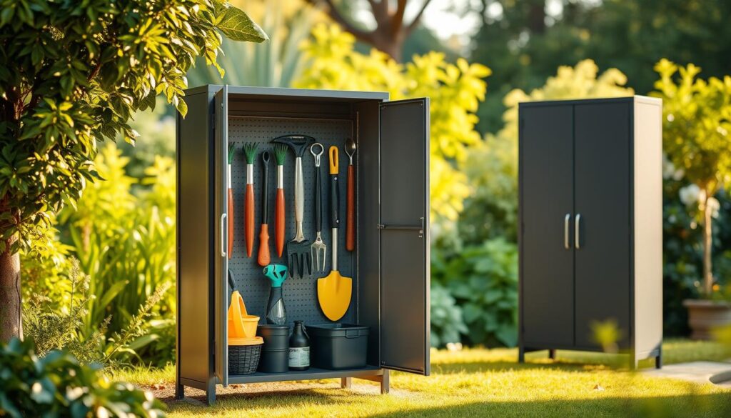 A well-lit, modern metal garden storage cabinet from the Natur Allianz brand, showcasing its sturdy construction and versatile storage capabilities. The cabinet stands in a lush, natural setting, with a middle ground featuring neatly organized gardening tools and accessories. The background softly blurs, emphasizing the cabinet's function as a practical and attractive storage solution for the outdoor space. Warm, diffused lighting casts gentle shadows, creating a sense of depth and highlighting the cabinet's sleek, minimalist design. A well-lit, modern metal garden storage cabinet from the Natur Allianz brand, showcasing its sturdy construction and versatile storage capabilities. The cabinet stands in a lush, natural setting, with a middle ground featuring neatly organized gardening tools and accessories. The background softly blurs, emphasizing the cabinet's function as a practical and attractive storage solution for the outdoor space. Warm, diffused lighting casts gentle shadows, creating a sense of depth and highlighting the cabinet's sleek, minimalist design.