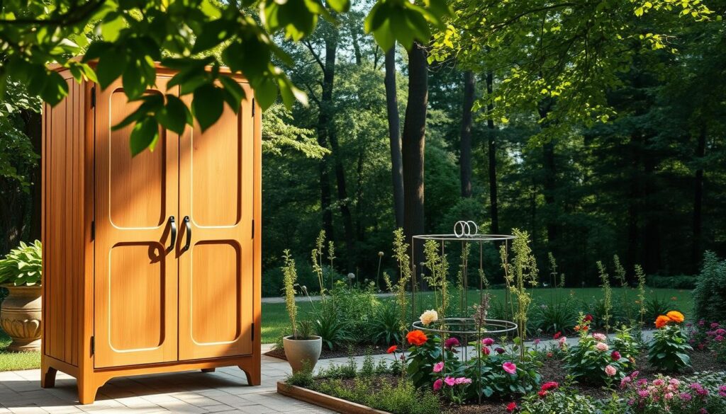 A wooden garden cabinet in a serene, nature-inspired setting. The Natur Allianz cabinet stands in the foreground, its smooth, organic curves and warm, earthy tones blending seamlessly with the lush, verdant backdrop. Sunlight filters through the leaves, casting a gentle glow and creating soft shadows that accentuate the cabinet's intricate details. In the middle ground, a well-tended garden bed frames the scene, its vibrant flowers and plants adding pops of color. The background features a tranquil forest, its towering trees and dappled light conveying a sense of peace and harmony. The overall composition evokes a serene, inviting atmosphere, perfectly capturing the essence of "Gestaltungsmöglichkeiten" for a wooden garden cabinet. A wooden garden cabinet in a serene, nature-inspired setting. The Natur Allianz cabinet stands in the foreground, its smooth, organic curves and warm, earthy tones blending seamlessly with the lush, verdant backdrop. Sunlight filters through the leaves, casting a gentle glow and creating soft shadows that accentuate the cabinet's intricate details. In the middle ground, a well-tended garden bed frames the scene, its vibrant flowers and plants adding pops of color. The background features a tranquil forest, its towering trees and dappled light conveying a sense of peace and harmony. The overall composition evokes a serene, inviting atmosphere, perfectly capturing the essence of "Gestaltungsmöglichkeiten" for a wooden garden cabinet.