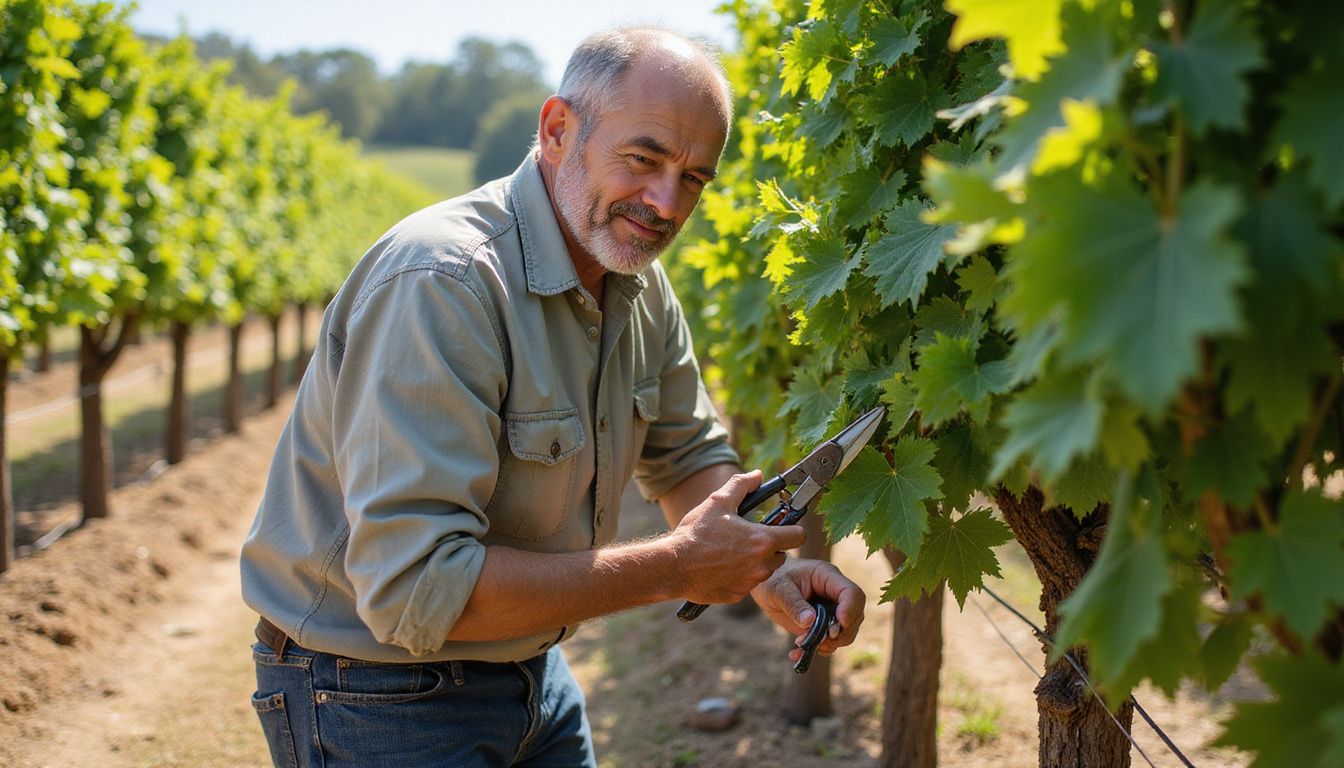 Eine Person schneidet sorgfältig reife Weinreben im Weinberg.