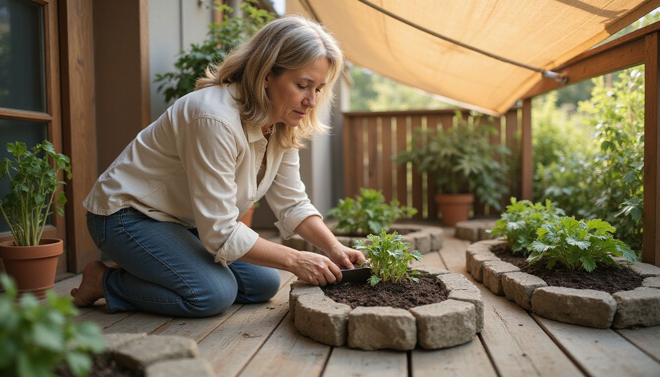 Eine Frau pflegt sorgfältig ihren kleinen Gemüsegarten auf der Terrasse. Eine Frau pflegt sorgfältig ihren kleinen Gemüsegarten auf der Terrasse.