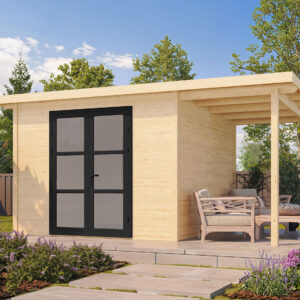 Gartenhausfabrik Fjordholz Alu Line 28-B, Abmessungen 3 m x 3 m + 1,5 m Seitendach, Dicke 28 mm