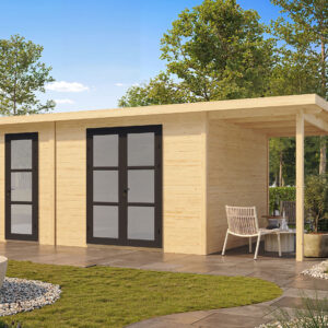 Gartenhausfabrik Fjordholz Gartenhaus Alu Line 28-G, Abmessungen 450 x 300 cm + 150 cm Seitendach, Dicke 28 mm
