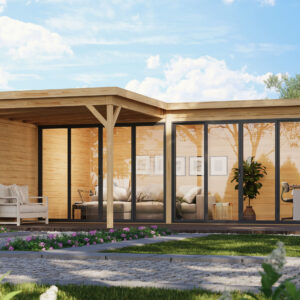 Gartenhausfabrik Office IsoSlide 9 VD Außenmaße 635 x 320 cm + 300 cm Vordach, Grundfläche 19,46 m2 + 8,70 m2 Vordachfläche, Dicke 44 mm