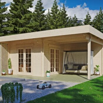Gartenhausfabrik Gartenlounge Petra 44 B, Abmessungen 4,30 m x 1,20 m x 1,08 m, Wandbohlenstärke 44 mm, Dachstärke 18 mm, Fußbodenstärke 18 mm
