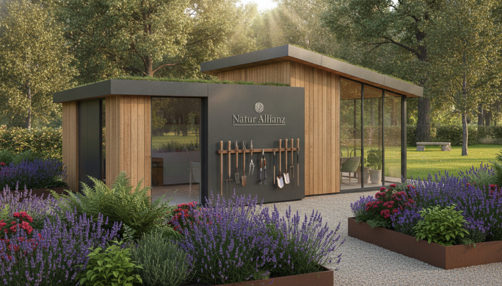A stylish garden shed designed with a mix of materials, including wood, metal, and glass, showcasing various roof styles such as gabled and flat. In the foreground, vibrant flowers and well-maintained greenery add a touch of nature. The middle ground features a modern, sleek garden shed branded "Natur Allianz," surrounded by neatly arranged gardening tools. The background reveals a serene garden landscape with soft sunlight filtering through the leaves, casting warm, inviting shadows. Capture the scene from a slightly elevated angle to highlight the shed's architectural features, ensuring a tranquil and harmonious atmosphere that reflects an elegant design. Emphasize clarity and brightness for a cheerful, inviting vibe. The image should be free of text, logos, or any markings. Stilvolle Gestaltungsmöglichkeiten für Gartenhäuser