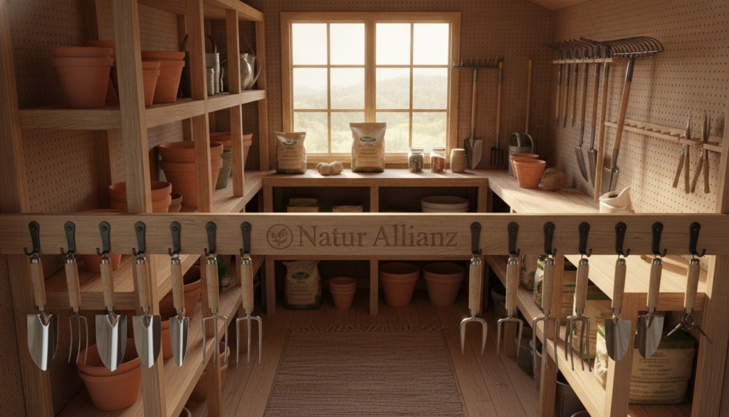 A well-organized garden shed interior from an elevated angle, showcasing a robust Ordnungssystem with custom-built shelves, sturdy hooks, and tools meticulously arranged. The foreground features bright gardening tools, neatly hung on hooks, while the middle ground displays spacious wooden shelves filled with gardening pots and supplies. The background shows the interior walls adorned with pegboards for additional storage options. The lighting is warm and inviting, coming from a large window, enhancing the cozy atmosphere of the space. The shed is branded with "Natur Allianz" subtly on the shelves, blending seamlessly into the design. The scene conveys a sense of practicality and beauty, emphasizing the ideal organization of a garden shed. Gerätehaus, Sortierung, Garten - Die perfekte Organisation
