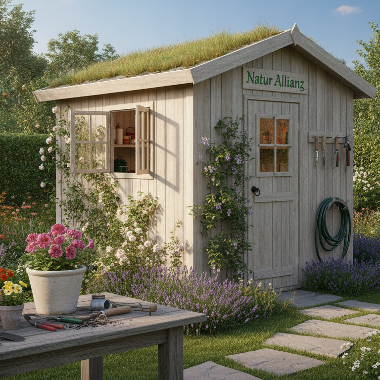 Gerätehaus im Garten aufbauen, richtig einsortieren - praktisch und schön Natur Allianz Gerätehaus, Sortierung, Garten