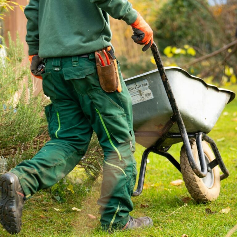 Ein Landschaftsgärtner zieht eine Schubkarre über eine Rasenfläche neben bepflanzten Beeten