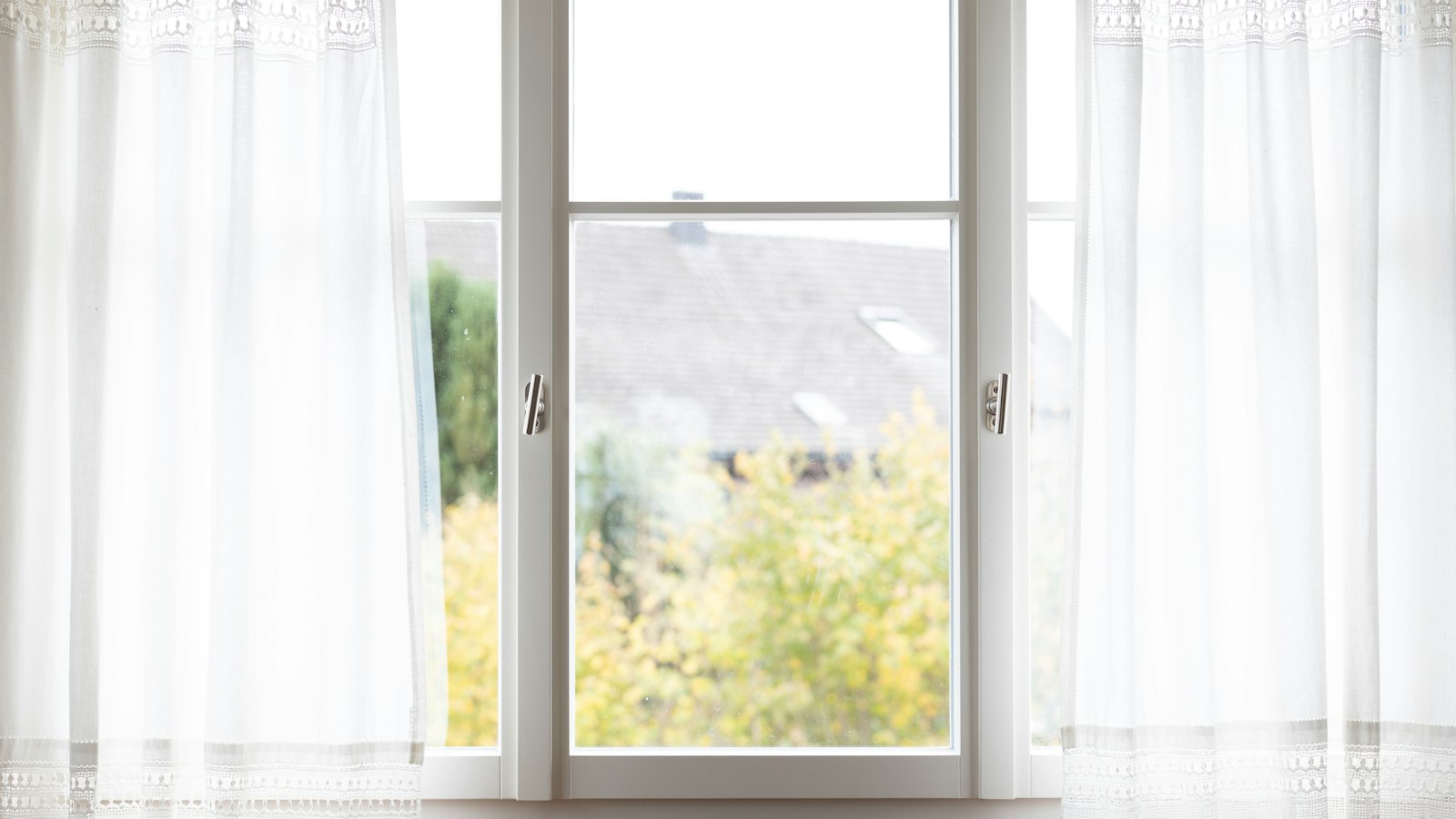 Blick durch ein Fenster mit hellen Vorhängen auf einen herbstlich gelben Baum